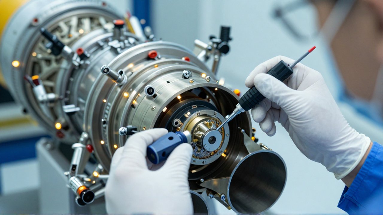 Técnico con guantes inspeccionando sensores de precisión en un motor de cohete dentro de un laboratorio aeroespacial.
