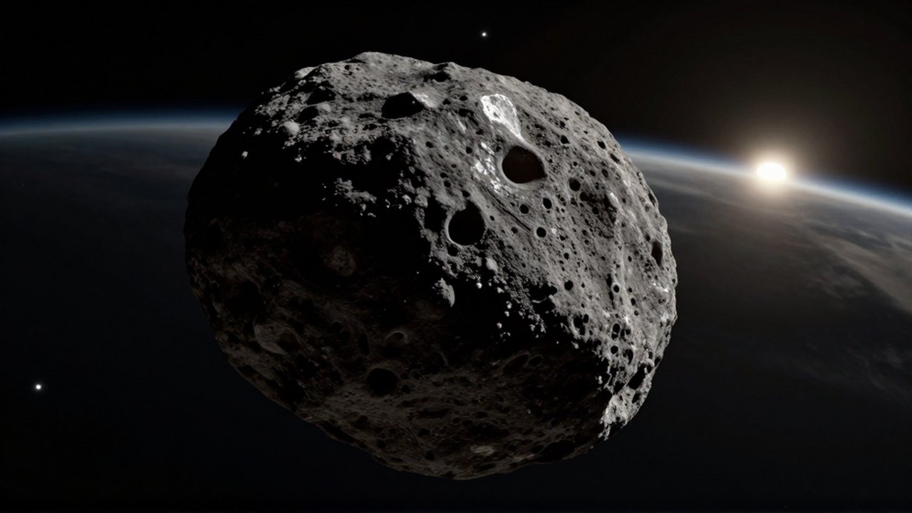 Primer plano de un asteroide oscuro y craterizado que flota en el vacío espacial estrellado.