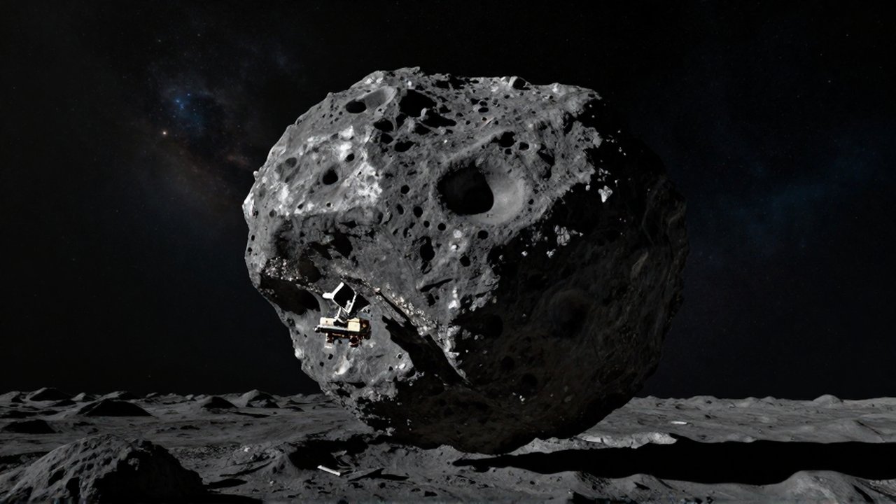 Gran asteroide oscuro con cráteres donde una sonda robótica realiza labores de minería espacial.