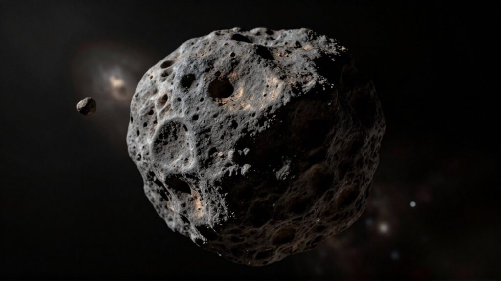 Primer plano de un asteroide oscuro y rugoso con superficie carbonosa en el vacío espacial.