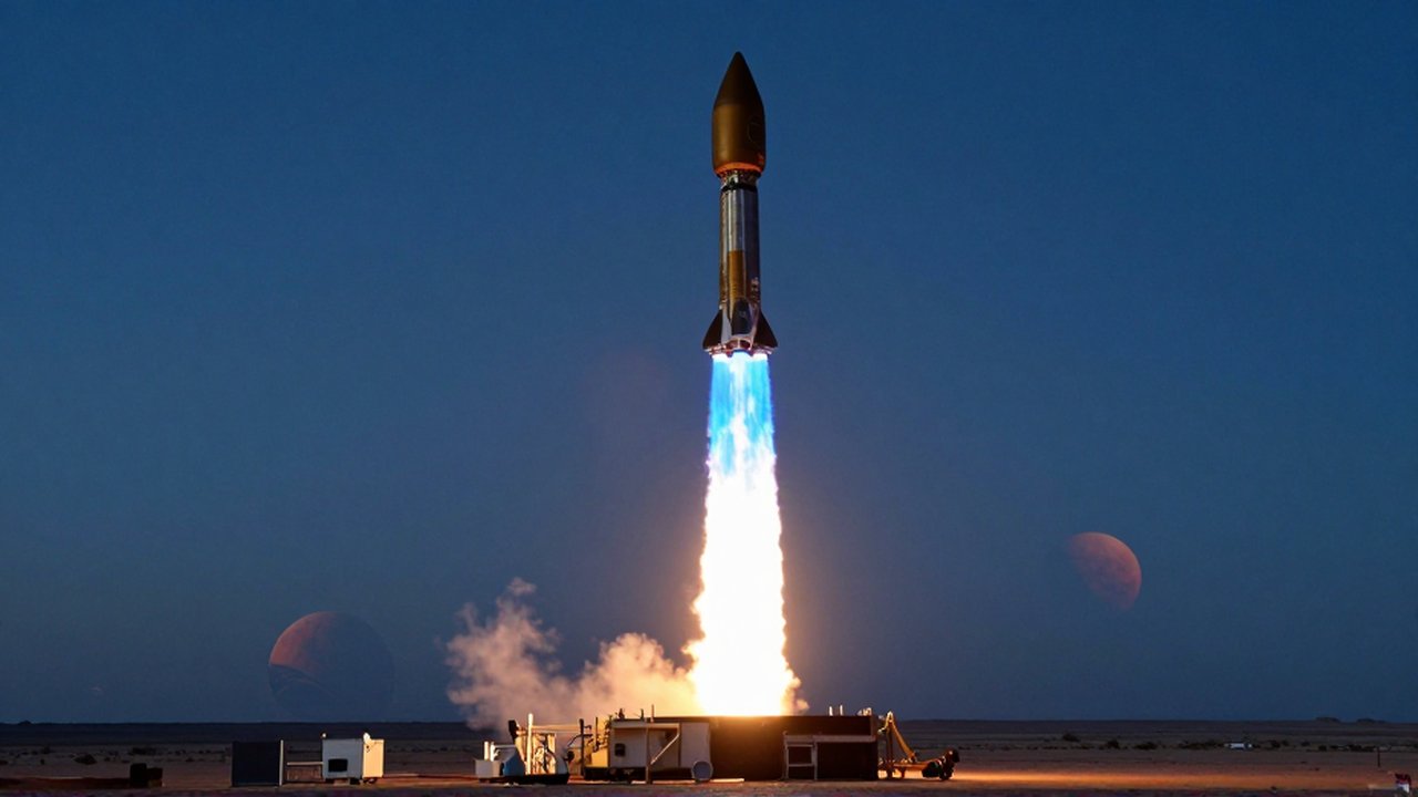 Un motor de cohete lanza una intensa llama azul sobre una plataforma de lanzamiento desértica bajo un cielo crepuscular.
