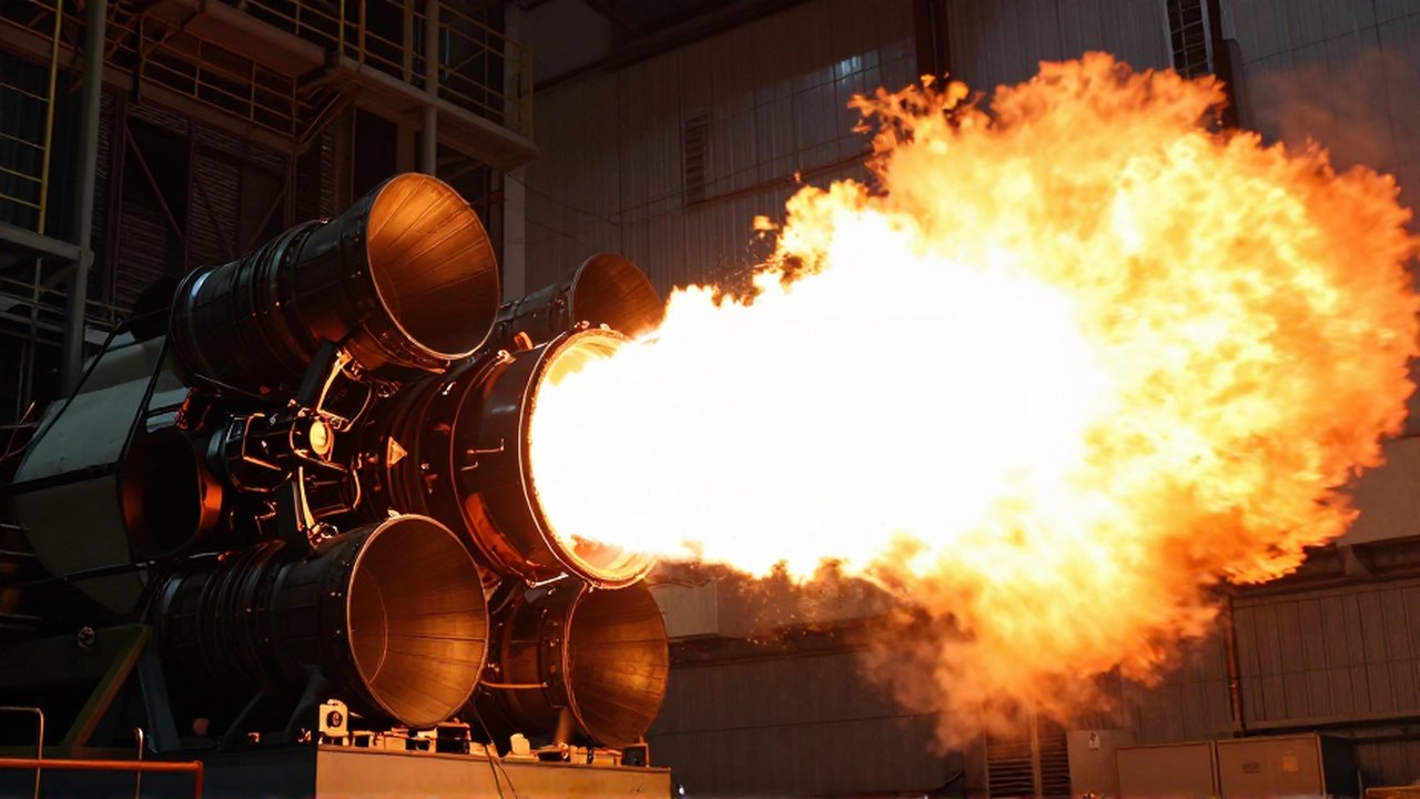 Propulsión de un motor de cohete de alta potencia durante una prueba de ignición en una instalación aeroespacial.