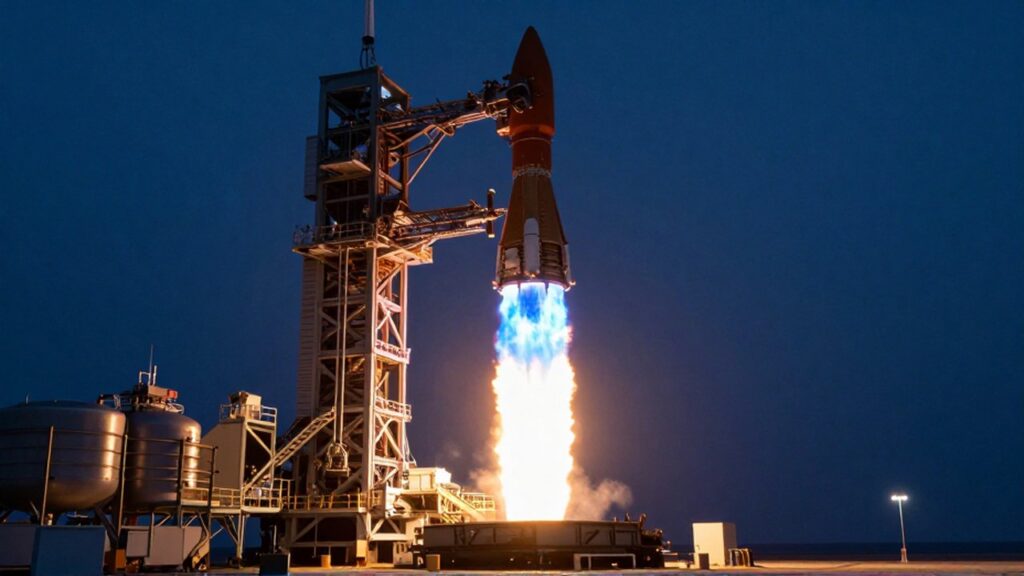 Motor de cohete gigante emitiendo una brillante llamarada azul durante una prueba de encendido costera al anochecer.