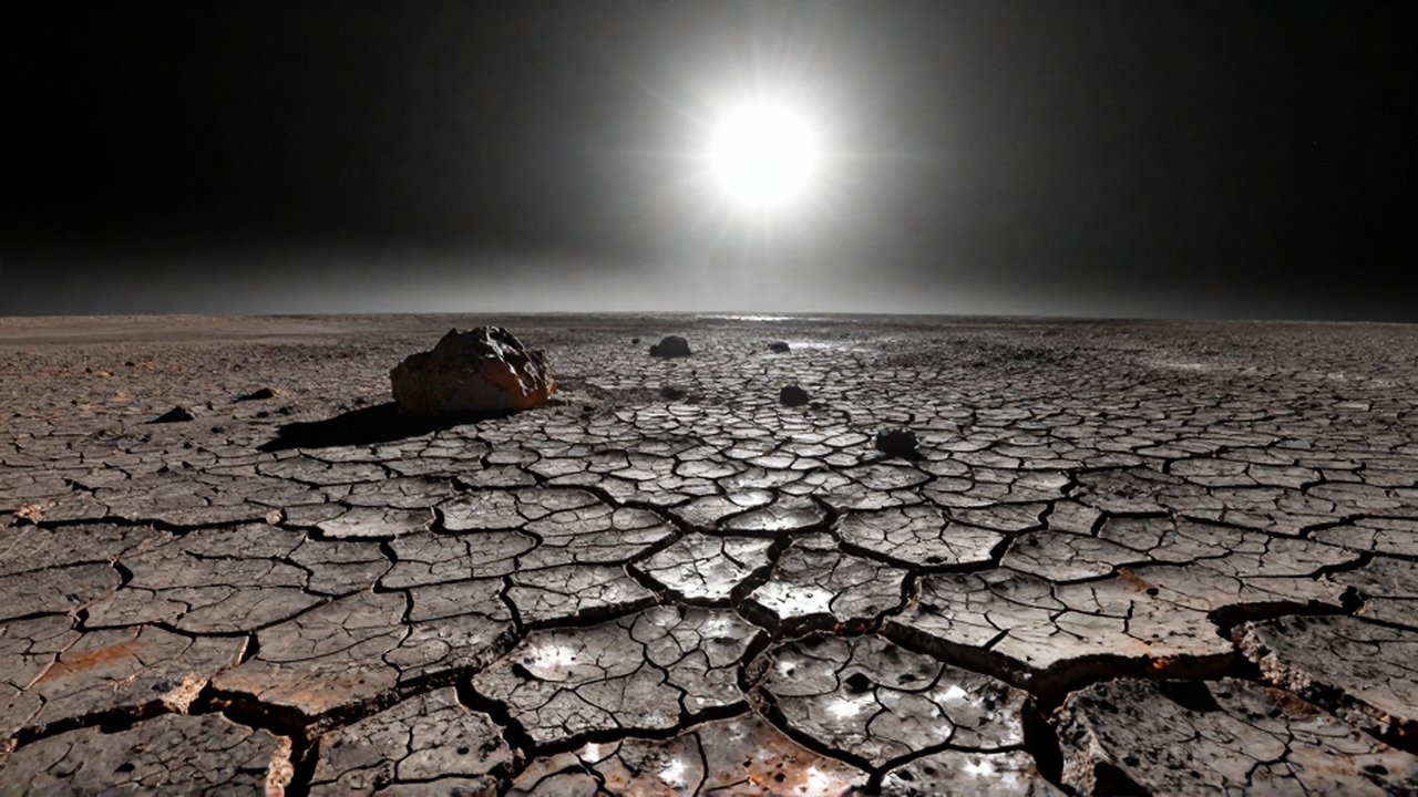 Paisaje desolado de Mercurio con terreno agrietado, cráteres y un sol brillante en el horizonte.