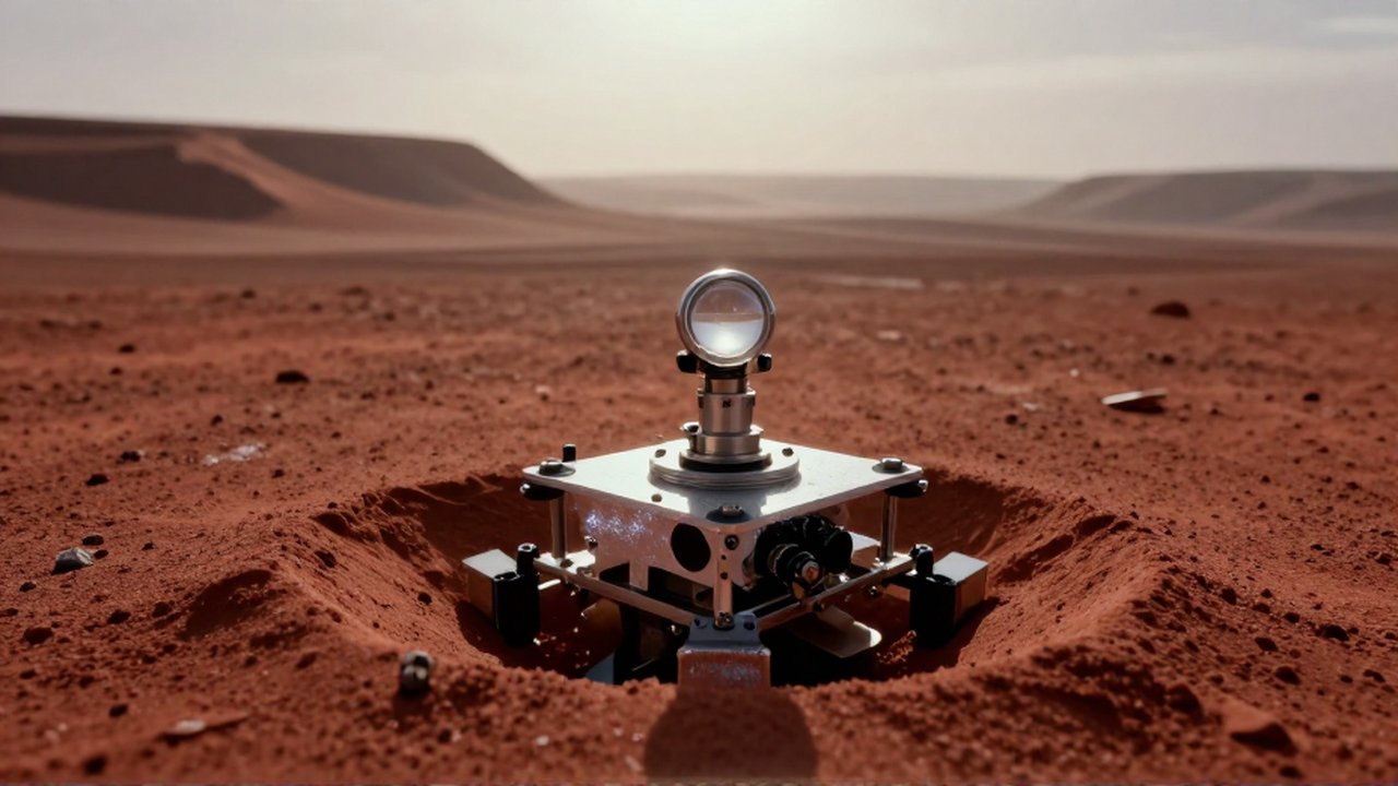Sonda científica metálica parcialmente enterrada en el polvo rojo de un paisaje desértico marciano.