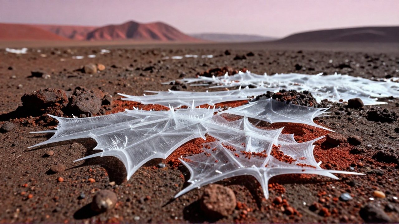 Primer plano de cristales de hielo geométricos mezclados con polvo rojo sobre el suelo marciano.