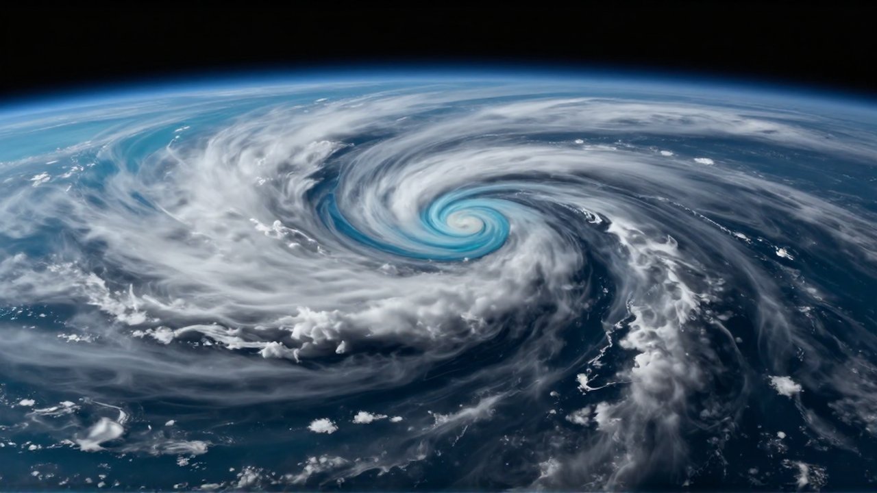 Vigente tormenta ciclónica de nubes blancas y azul profundo sobre la atmósfera turbulenta de Neptuno.