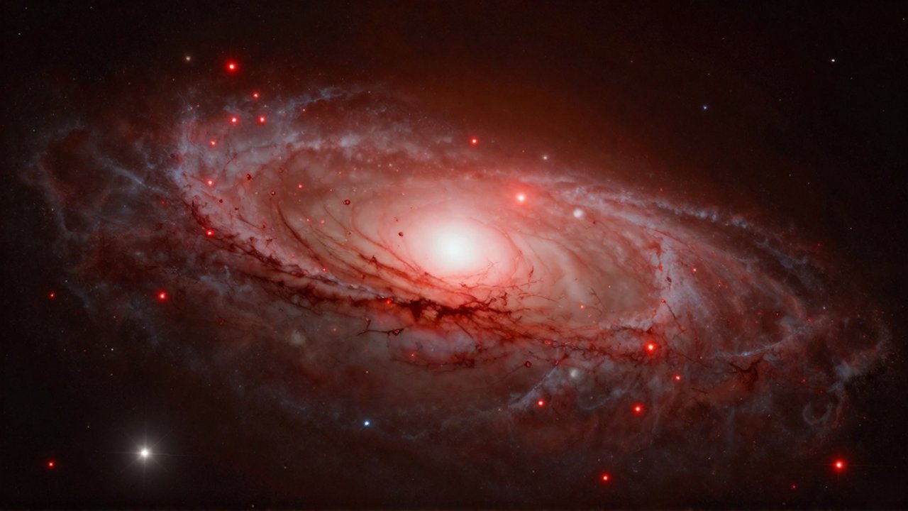 Concentración de enanas rojas que emiten un brillo tenue en el centro de una vasta galaxia elíptica.