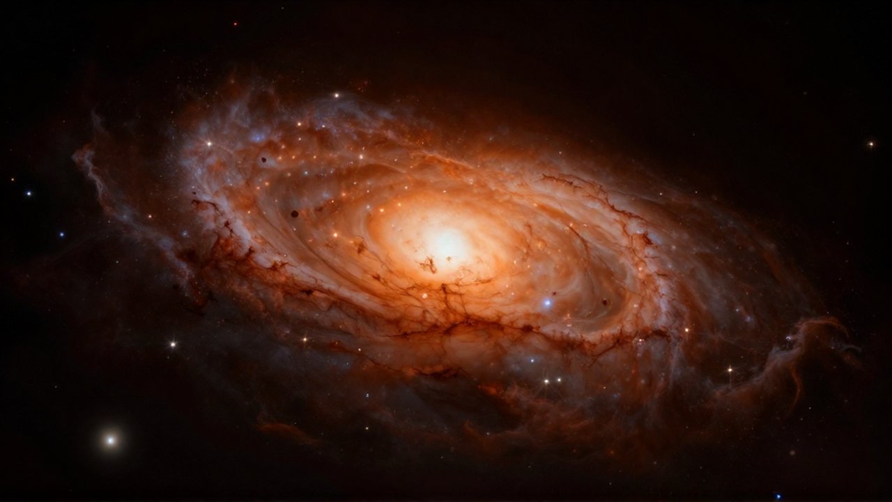 Gran galaxia elíptica de color naranja brillante con un núcleo denso y estrellas antiguas sobre el fondo oscuro del espacio.