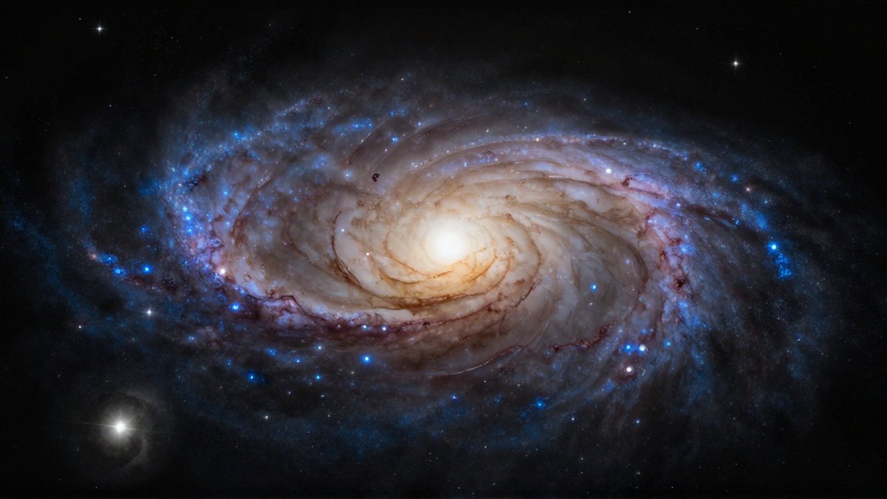 Galaxia espiral con brazos azules brillantes y densas nubes de polvo sobre un fondo cósmico profundo.