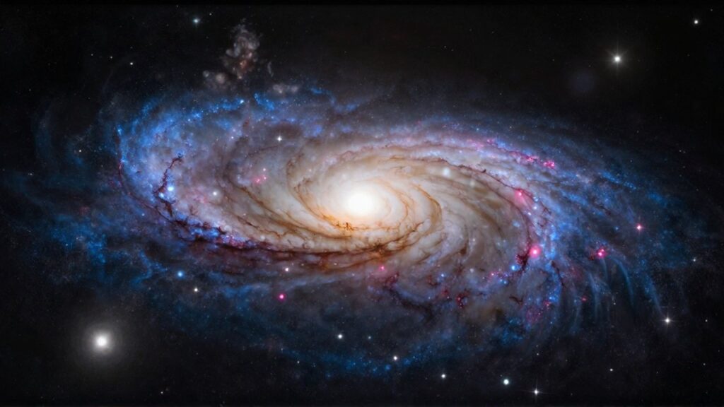 Una majestuosa galaxia espiral barrada con brazos azules y un núcleo brillante sobre un fondo cósmico profundo.