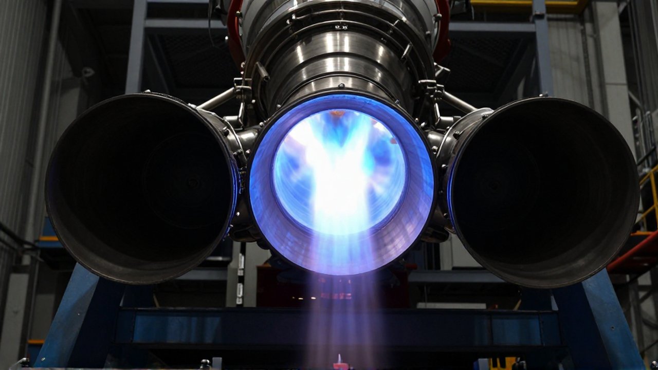 Primer plano de una sección transversal de un motor de cohete expulsando una potente llamarada azul.