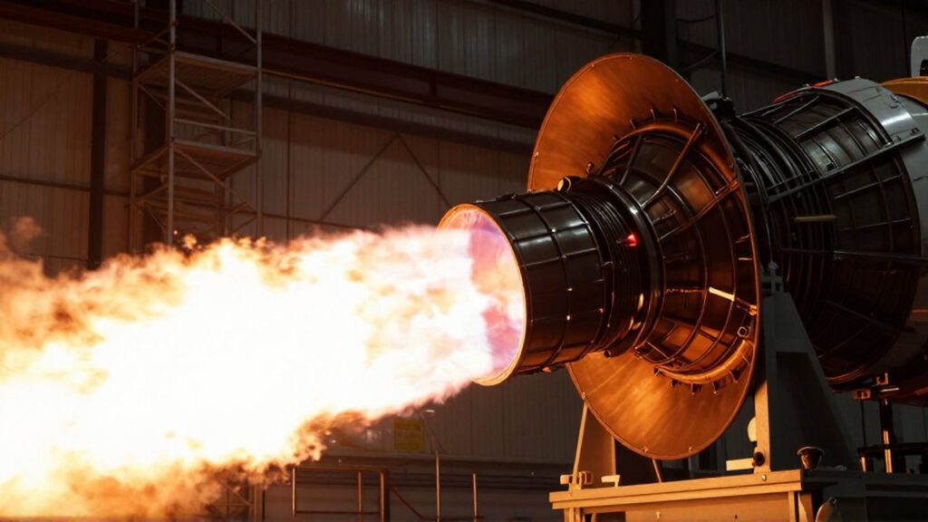 Motor de cohete emitiendo una gran llamarada naranja durante una prueba de combustión en un laboratorio industrial.