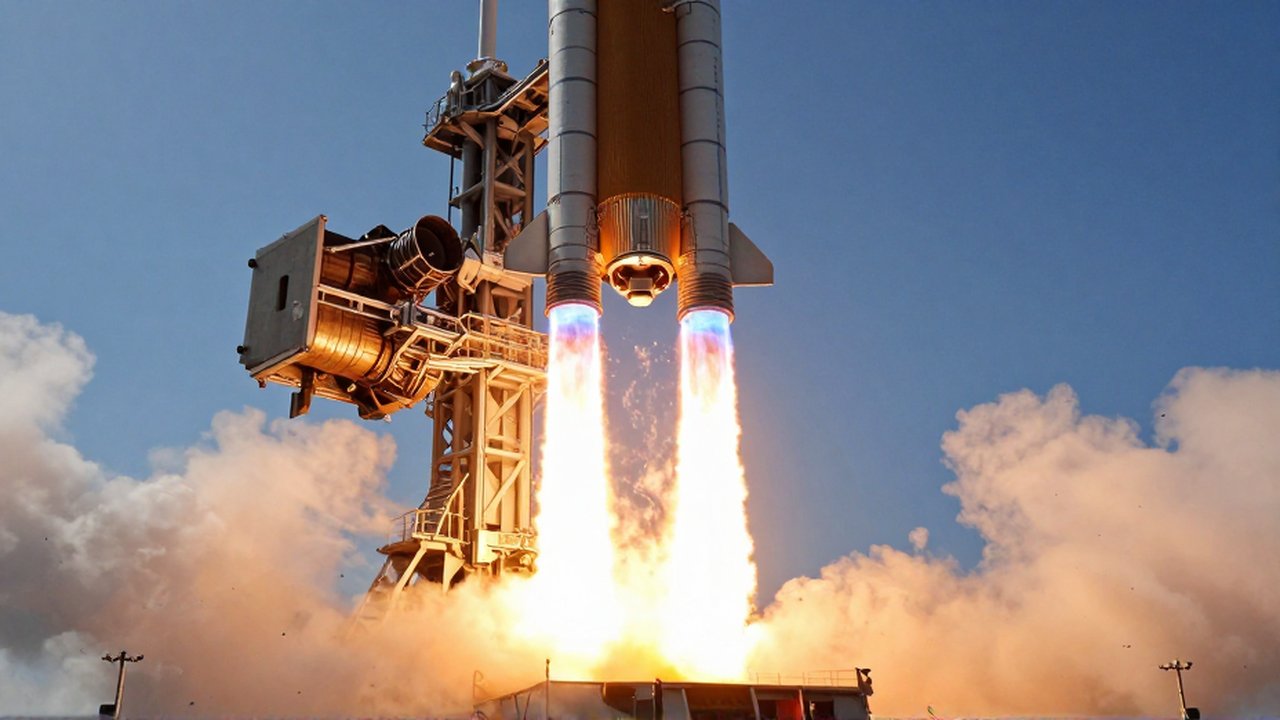Cohete espacial despegando desde una plataforma costera con intensas llamaradas naranja y azul en su motor.