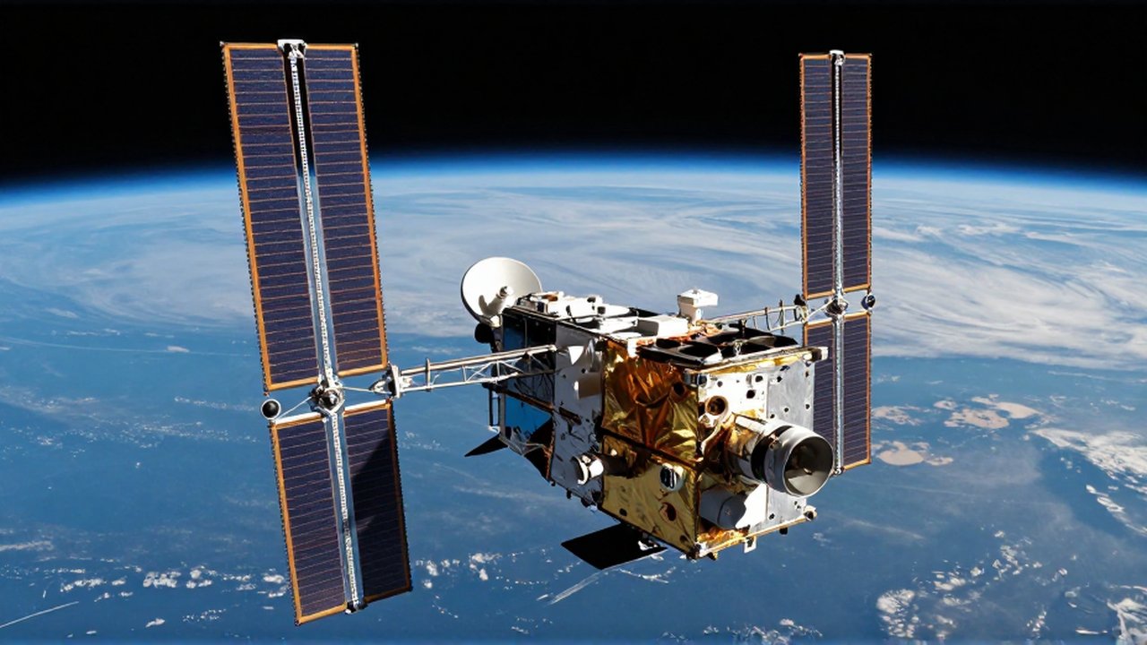 Satélite tecnológico con paneles solares orbitando sobre la curvatura azul de la Tierra en el espacio.