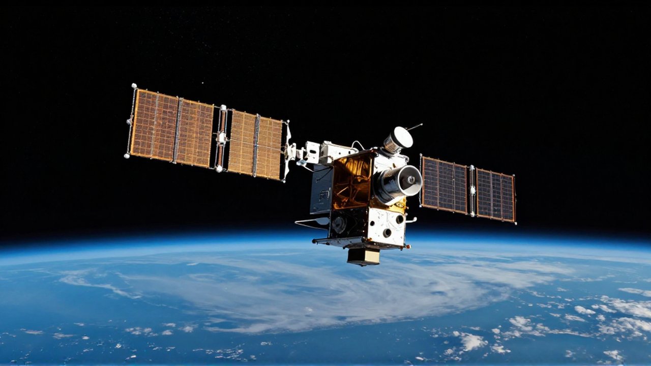 Satélite de telecomunicaciones con paneles solares dorados orbitando sobre la curvatura de la Tierra en el espacio.
