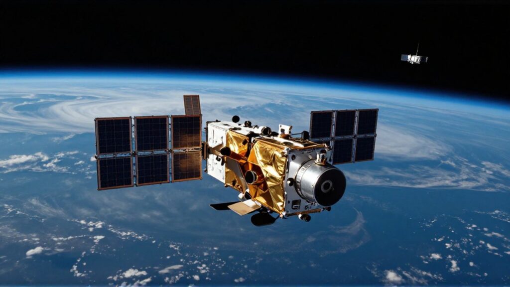 Satélite de comunicaciones con paneles solares orbitando sobre la curvatura azul de la Tierra.