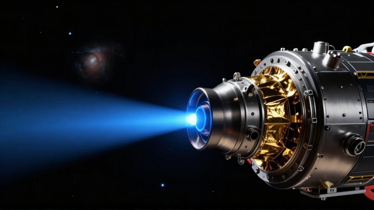 Primer plano de un propulsor de efecto Hall emitiendo un resplandor azul sobre un satélite espacial.