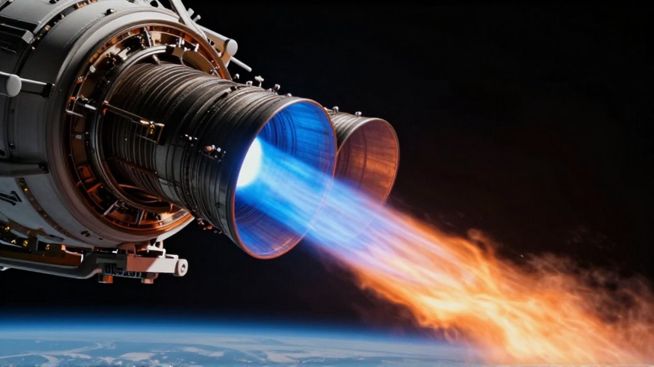 Primer plano de un motor de cohete que emite una llama naranja y un chorro de iones azul en el espacio.